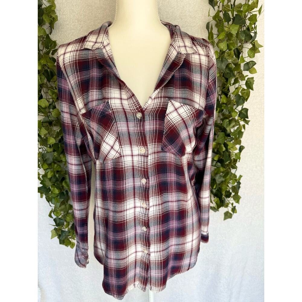 Altar'd State Rayon Maroon White and Navy Plaid Flannel Top Women's Large